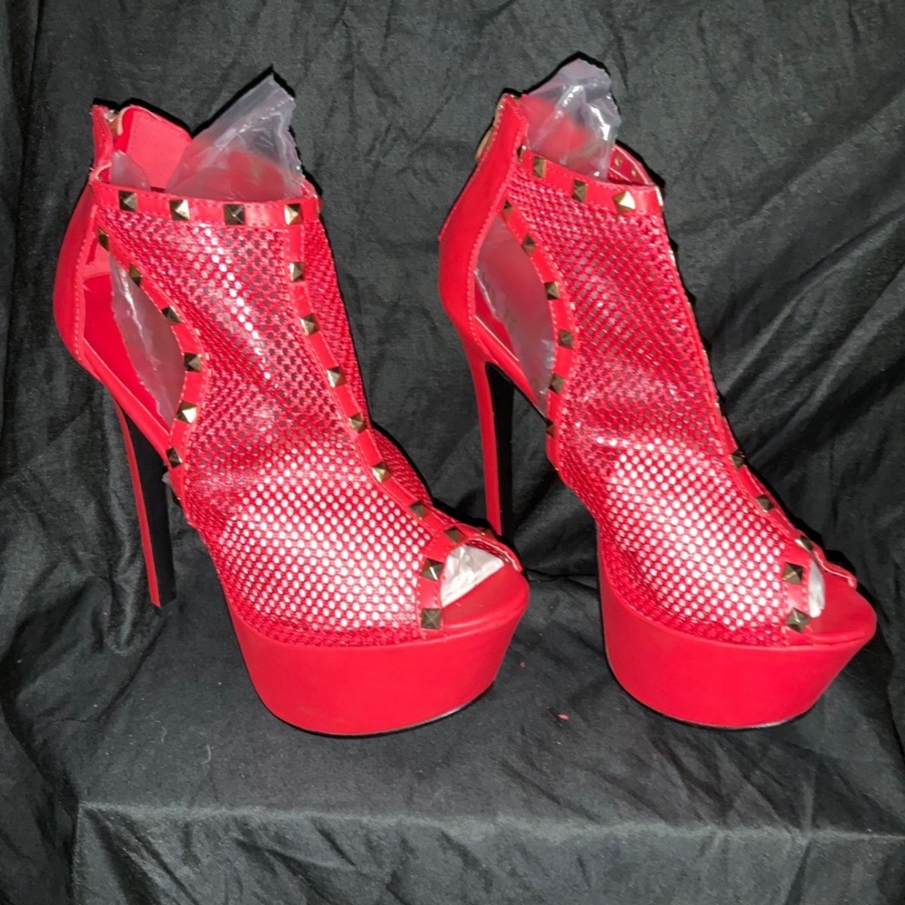 Bold Red Studded Mesh Platform Heels - image 2